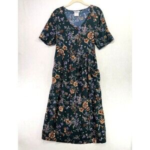 Vintage Ship 'N Shore Dress Women L Green Floral Midi Cottagecore Prairie 90s